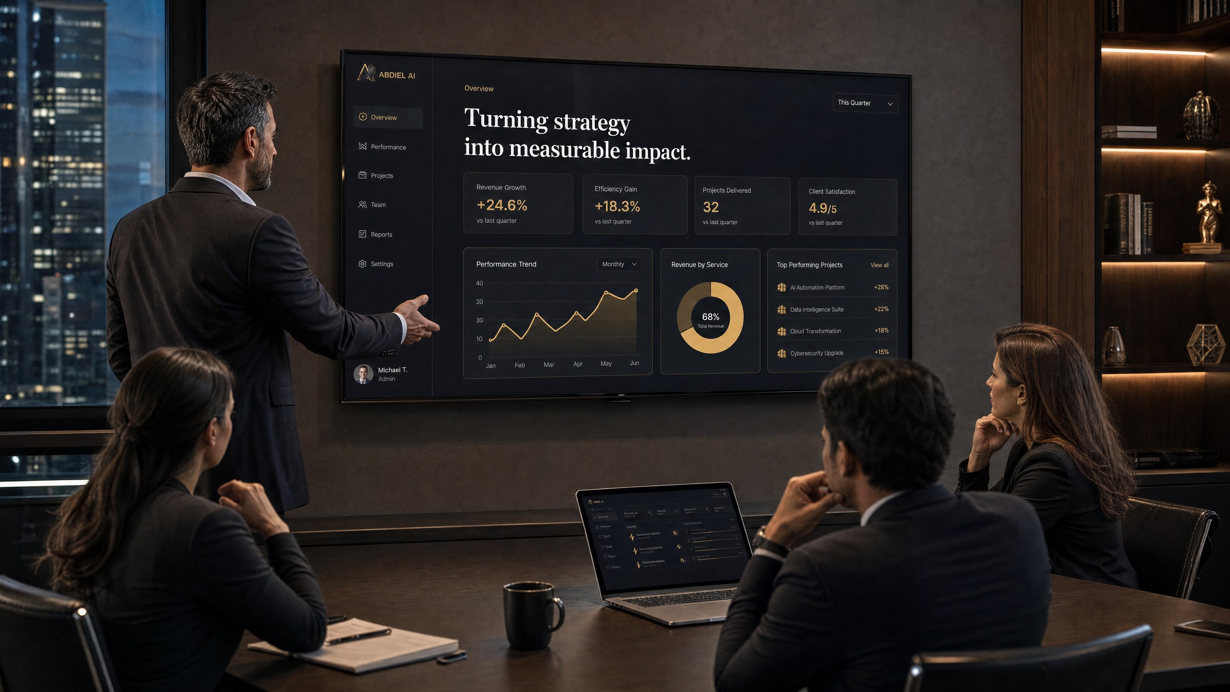 Executives reviewing the Abdiel AI performance dashboard — revenue growth, efficiency gains and delivered projects — on a boardroom screen